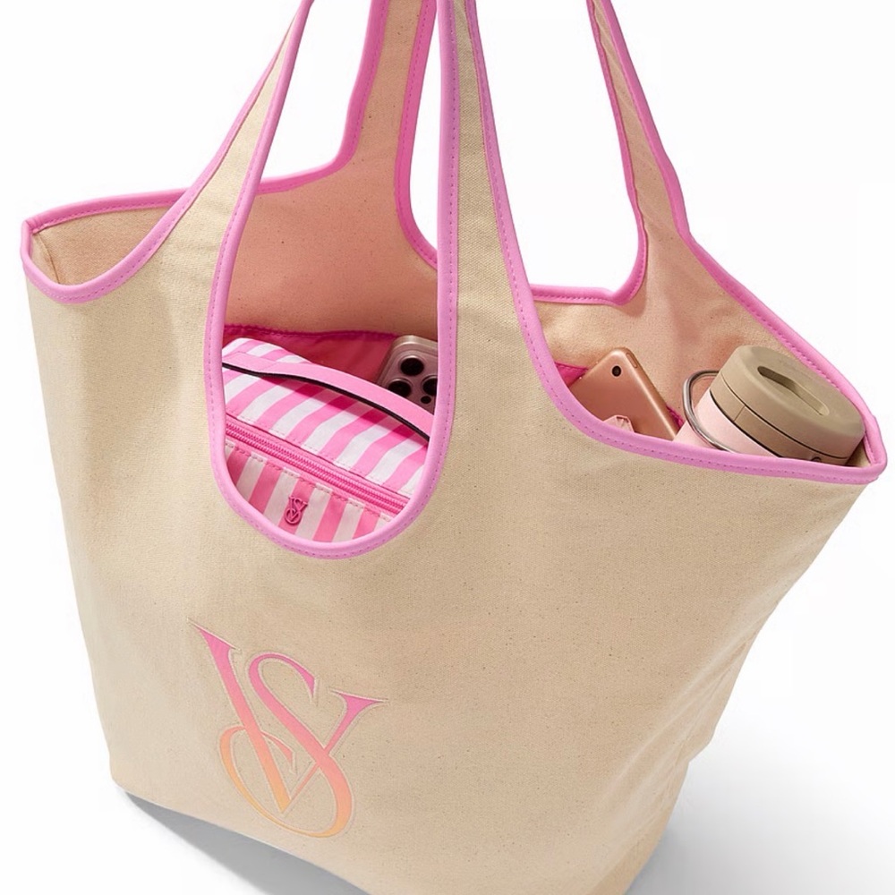 Victoria's Secret Beige Canvas Tote with Pink Trim - Picture 3 of 3